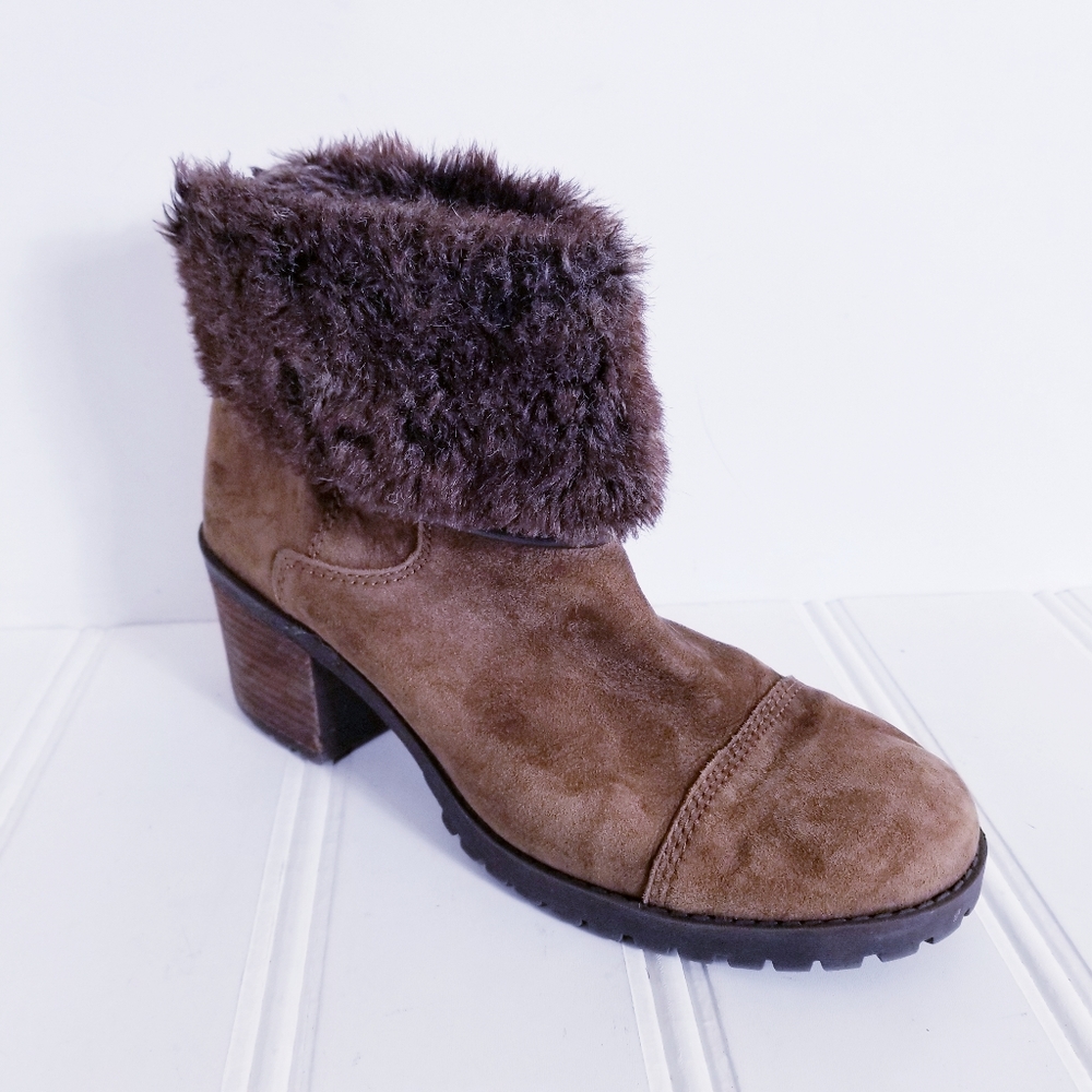Lucky Brand Nancee Brown Suede Fur Trim Ankle Boots Womens 9.5 Lug Sole